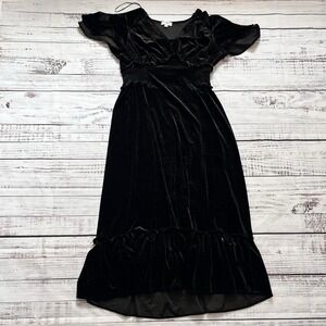 Umgee Women's Large Black Velvet Velour Midi Dress Short Flutter Sleeve Goth